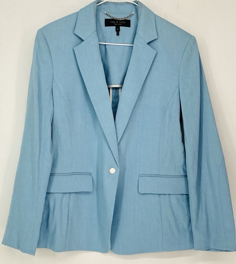 Rag & Bone Linen Blend Blazer Jacket Powder Blue One Btn Tailored Sz 4 Portugal